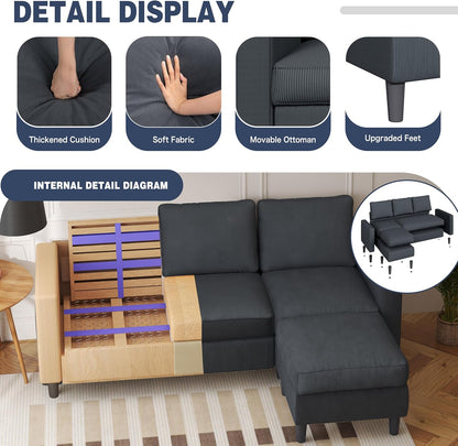 Shintenchi Small Convertible Sectional Couch with Movable Ottoman, 3 Seat L Shaped Sofa with Corduroy, Upholstered Sectional Sofa, Small Couches for Living Room, Apartments, Office (Dark Grey)