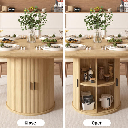 Vipbear Extendable Dining Table 43-59" for 4-6 People, Solid Wood Top with Fluted Slide Door & 8-Compartment Storage, Space Saving Round Dining Room Kitchen Dinner Tables Furniture with Pedestal Base