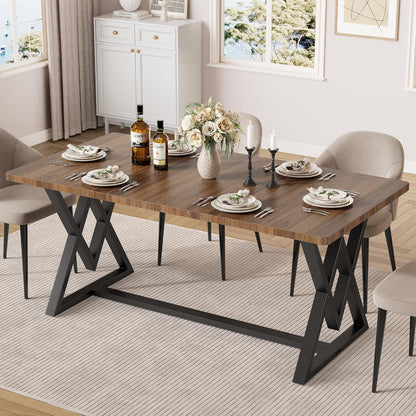 IRONCK 63" Dining Table for 4-6, Modern Rectangular Kitchen Table with Sturdy Metal Frame & Geometric Legs for Dining Room, Easy Clean-Brown