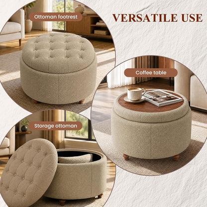 25" Round Ottoman with Storage, Small Coffee Table with Reversible Tray Lid | Tufted Fabric Round Storage Ottoman with Solid Wood Legs, 3-in-1 Footrest for Living Room, Bedroom, Entryway, Coffee