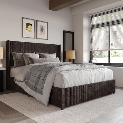 Queen Wingback Velvet Upholstered Platform Lift-Up Storage Bed, Vertical Stitching Design, Brown
