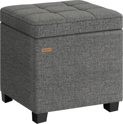 SONGMICS Square Storage Ottoman with Hinged Lid, 16.9 x 16.9 x 18.1 Inches | Foot Stool Footrest with Legs, Cube, Linen-Look Fabric, for Living Room, Bedroom, Grey, MACEO Collection ULOM509GN01