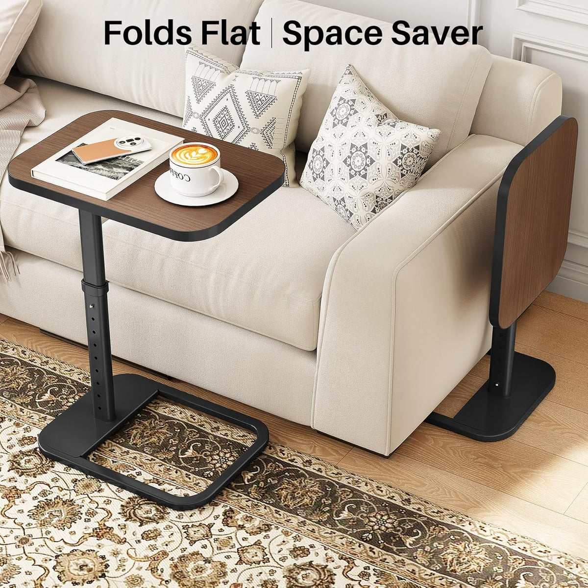 Kitstorack TV Tray Table, Adjustable Height & Rounded Metal Corners, Snack Table for Couch, Sofa, Bed, Chair, Living Room, C Shaped End Side Table for Eating, Dinner or Laptop, Small Spaces, Espresso