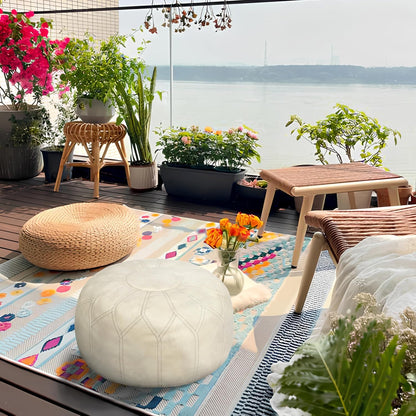 Thgonwid Unstuffed Moroccan Faux Leather Pouf Ottoman Cover with Storage - Boho Chic Multi-Use Footrest for Living Room, Bedroom, Patio - Round Ethnic Floor Cushion & Decorative Accent, Ivory