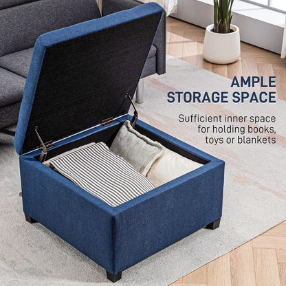 Round Storage Button Tufted Flip Top Ottoman in Luxurious Blue Velvet with Premium Upholstery and Comfortable Elegant Design