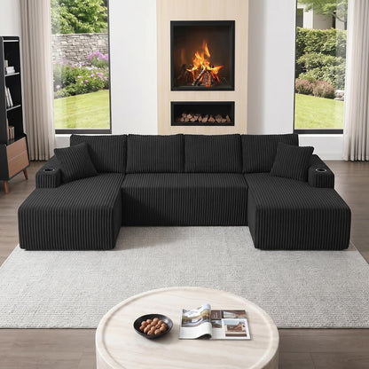 ivoros 125" Cloud Couch Sectional, Modular Sofa with Cup Holder and Storage Pocket, Corduroy U Shaped Sofas, Couch in a Box, No Assembly Required, Black Couches for Living Room