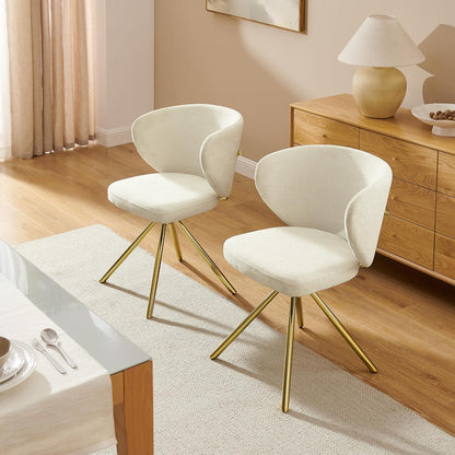 Art Leon Swivel Dining Chairs Set of 2 - Modern Fabric Upholstered Kitchen Dining Room Chairs, Armless Accent Chairs with Golden Metal Legs, Side Chairs for Vanity, Off White