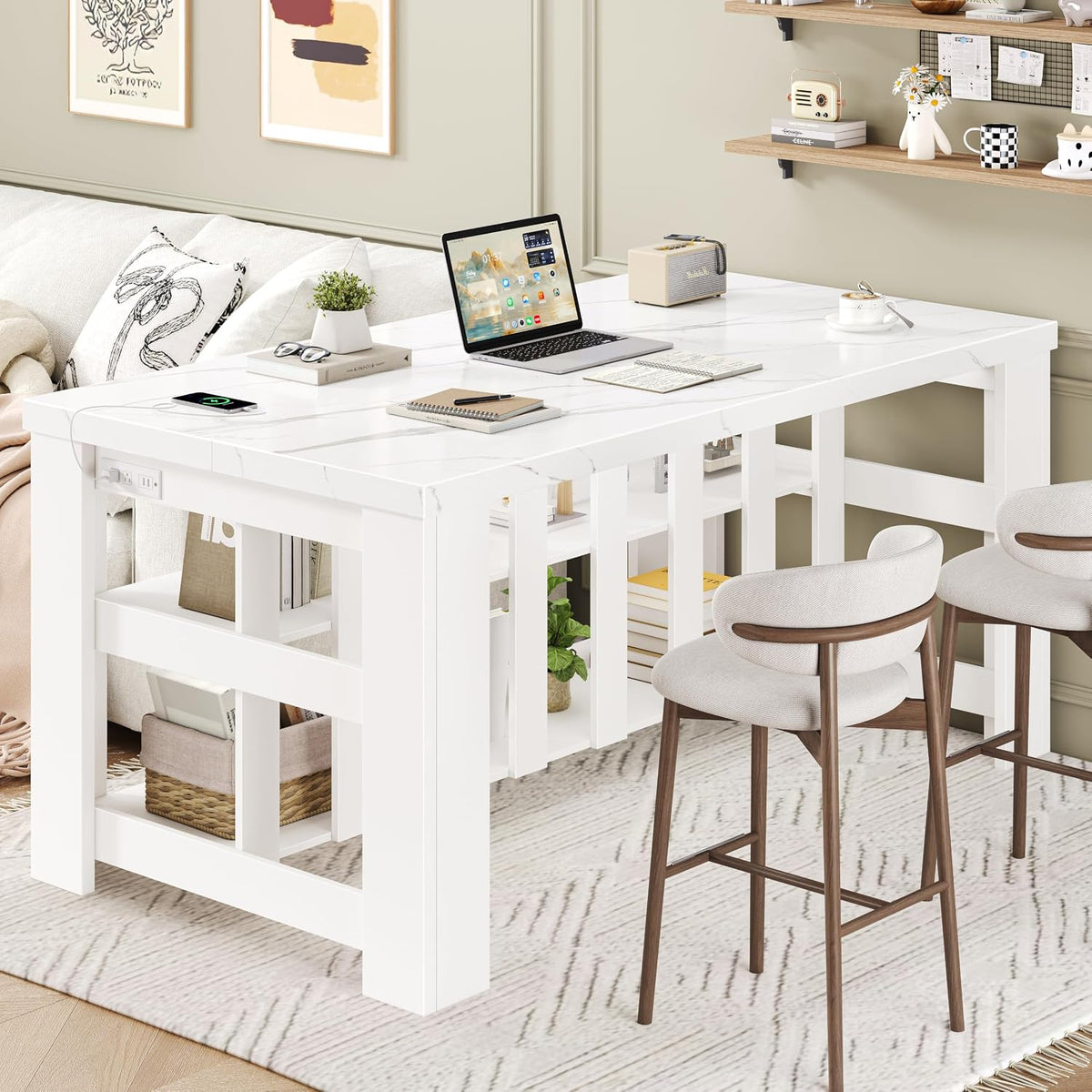 DynJest Kitchen Island with Storage, 55 Inch Large Faux Marble Prep Worktop | Kitchen Island with Power Outlet &3-Tier Shelves, Rest Area, Coffee Bar Cabinet With Wide Legs for Kitchen Dining Room, White