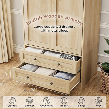 Brafab 2 Doors Wooden Armoire Wardrobe Closet with 2 Drawers, Natural | 2 Modern Doors, Freestanding, with Drawers and Hanging Rail, Wooden Storage Cabinet with Shelf, for Bedroom