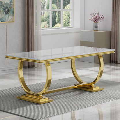 7 Piece Dining Table Set, White Faux Marble Dining Table with 6 Beige Velvet Dining Chairs, 68.11" Kitchen Table and Chair Set with Gold Stainless Steel Base, Luxury Dining Table Set for Kitchen