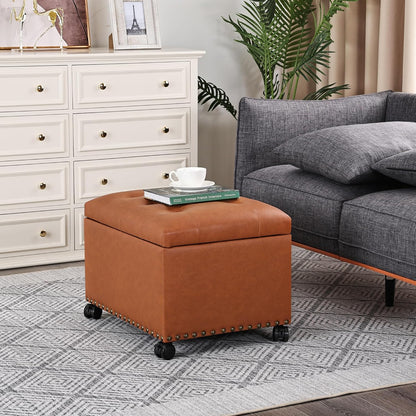 Joveco PU Leather Rolling Storage Ottoman, 24" Tufted Lid, Nailhead Trim & Hidden Storage,Elegant Footrest & Organizer on Caster Wheels for Living Room, Bedroom, Entryway(Orange Brown,Wheels)