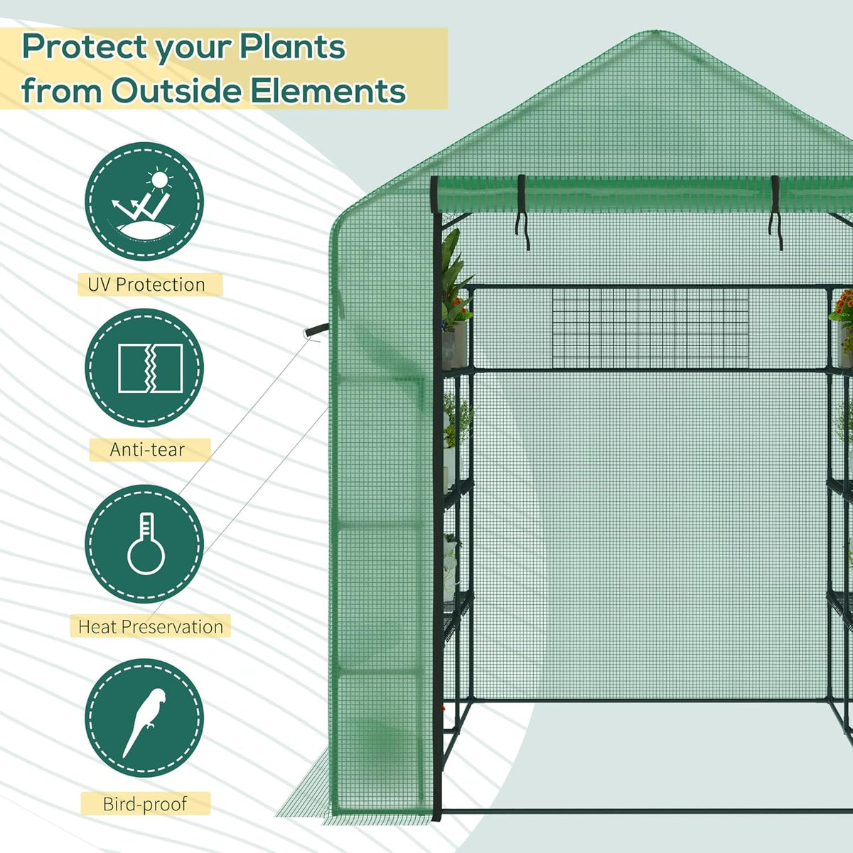 Outsunny 8' x 6' x 7' Walk-in Greenhouse with Mesh Door and Windows, 18 Shelf Green House with Trellis, Plant Labels, UV Protective for Growing Flowers, Herbs, Vegetables, Saplings, Green
