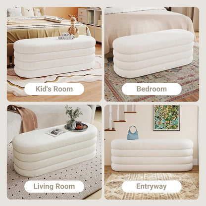 Busaurus Storage Ottoman Bench 49.2 Inch Upholstered Fabric Storage Bench for Bedroom End of Bed Aesthetic Large Oval Ottoman for Living Room Entryway (Ivory)