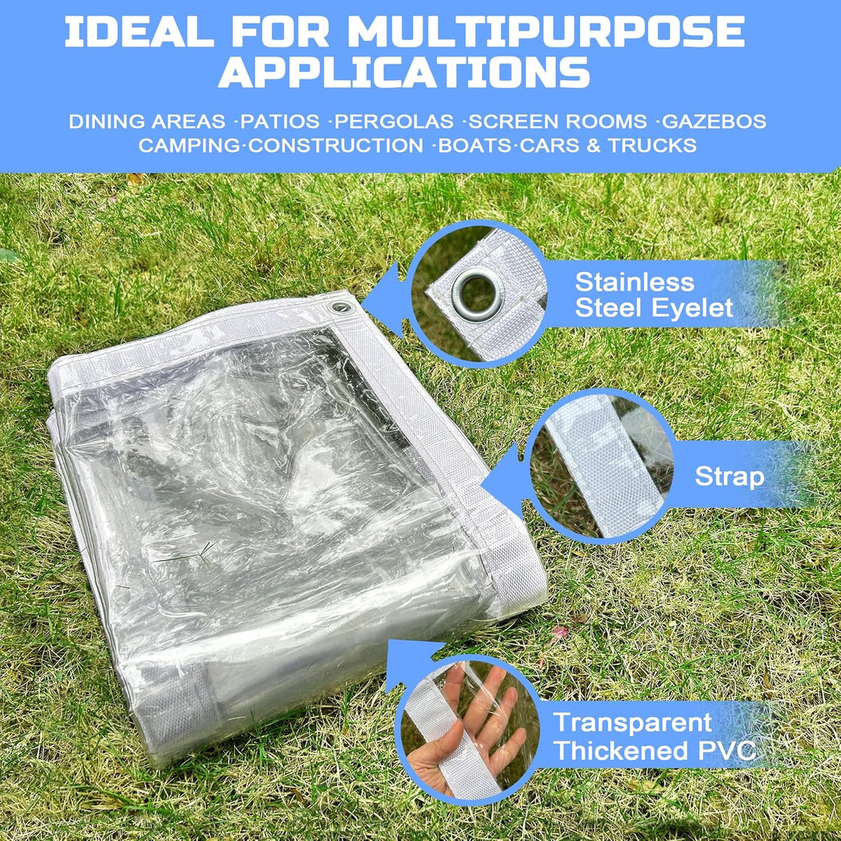 Clear Tarp 7 x 9FT, 20 Mil Clear Vinyl Tarp, Small Cover Plastic Sheeting with Grommets, Double-Stitched Reinforced Edges, Heavy Duty Tarps Waterproof and Tearproof