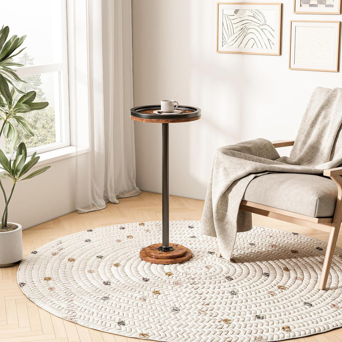 LINGMI Small Side Table, Round Martini Drink Table for Small Spaces, Modern Accent Stand with Solid Metal Leg, Nightstand with Weighted Base Pedestal for Living Room, Bedroom and Office