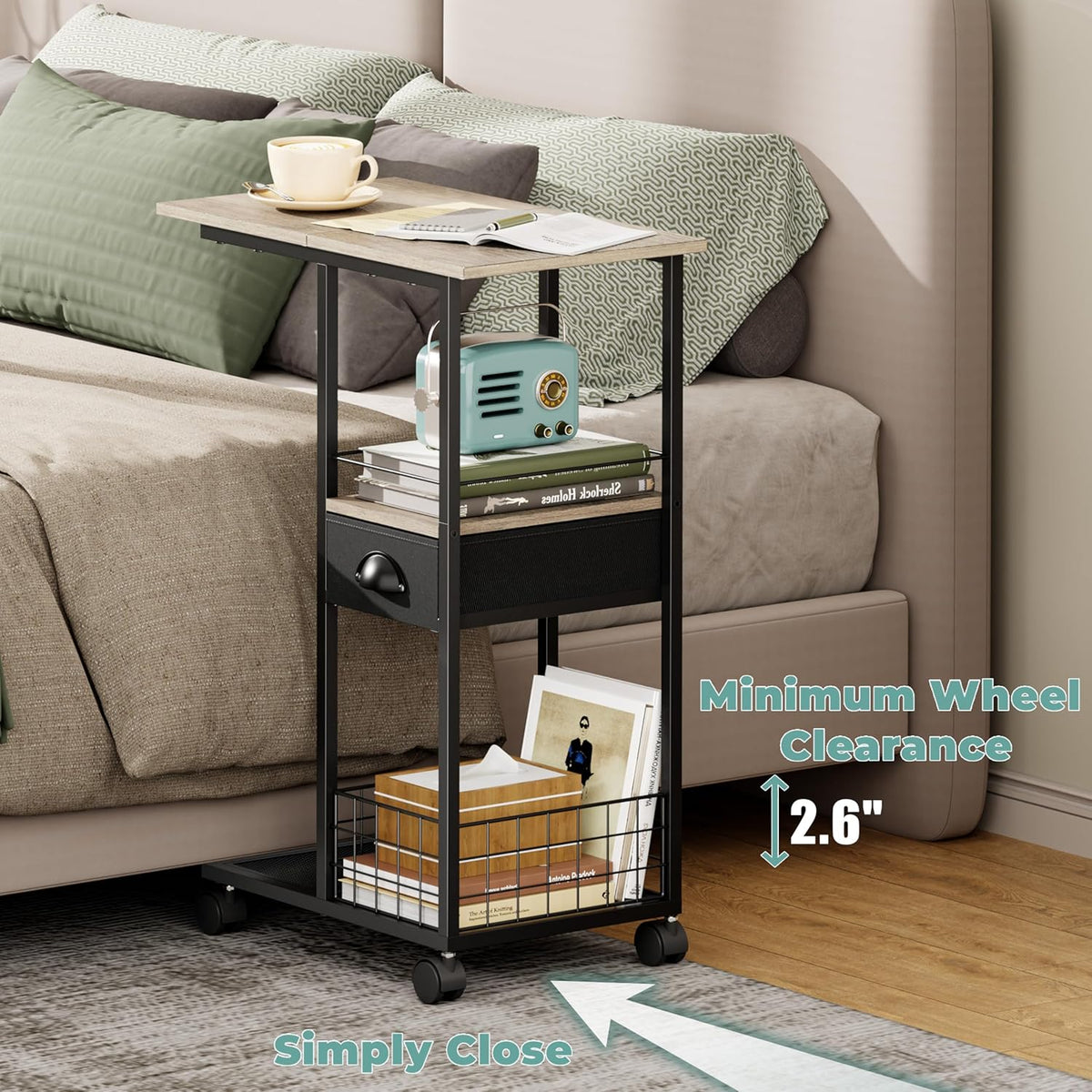 Rolling C Shaped Side Table with Storage Drawer, Ivory Portable Desk on Wheels, Bedside Table for Sofa Couch & Bed, Small Overbed Laptop Desk, Mobile Coffee End Table for Bedroom Living Room Dorm