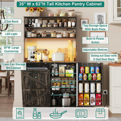Squireewo 63" H Pantry Cabinets with 10 Gallon Trash Can,Led Light,Outlet,35" W Kitchen Hutch with Tilt Out Trash Can Cabinet,Farmhouse Cupboard with Large Countertop for Living Room, Dining Room