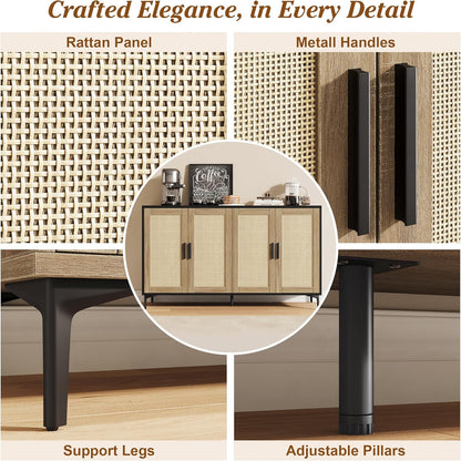 JASIWAY Buffet Cabinet with Storage, 48" Rattan Sideboard with Adjustable Shelves, Modern Coffee Bar Cabinet Console Table with Doors, Credenza for Kitchen, Living Room, Entryway, Dining Room, Black