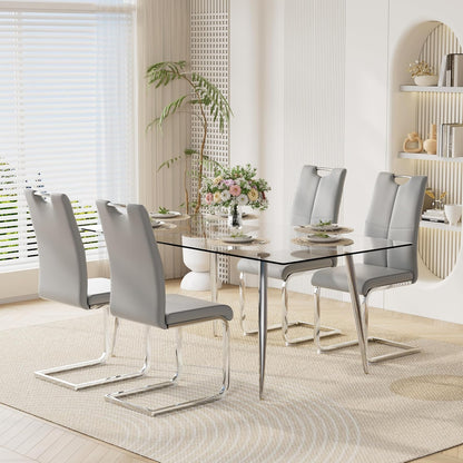63" Modern 5-Piece Dining Table Set for 4 Rectangular Glass Table with 4 Upholstered Leather Chairs, Seats 4 Ideal for Kitchen Dining Room(Gray&Silver)