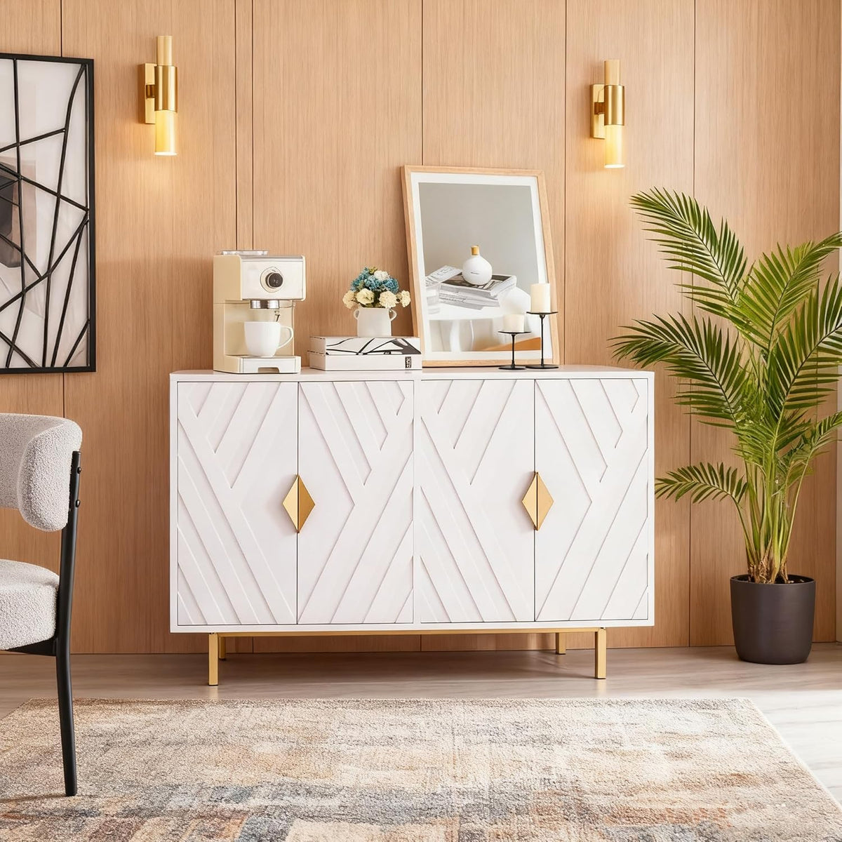 Sideboard Buffet Cabinets with Storage, Accent Storage Cabinets with Fluted Doors, Gold Metal Handle and Legs, Wood Console Table Credenza for Living Room, Entryway, White