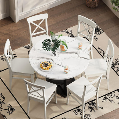 Extendable Dining Table 43"-59" for 4-6, White Faux Marble Round Kitchen Dining Room Table with 2 Tier Storage Shelves, Expandable Round to Oval Dinner Table with Storage for Kitchen Living Room
