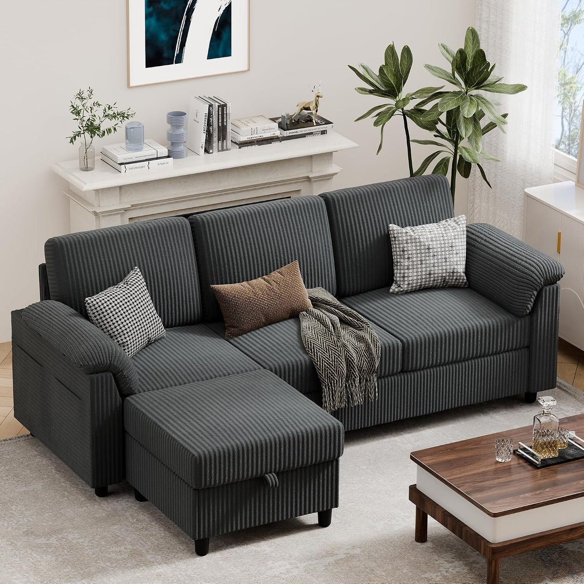 Vongrasig 79" Convertible Sectional Couches Sofa with Storage Ottoman, 3 Seat L Shaped Couch with Side Storage Pockage, Small Couches for Living Room, Apartment and Small Space, Grey