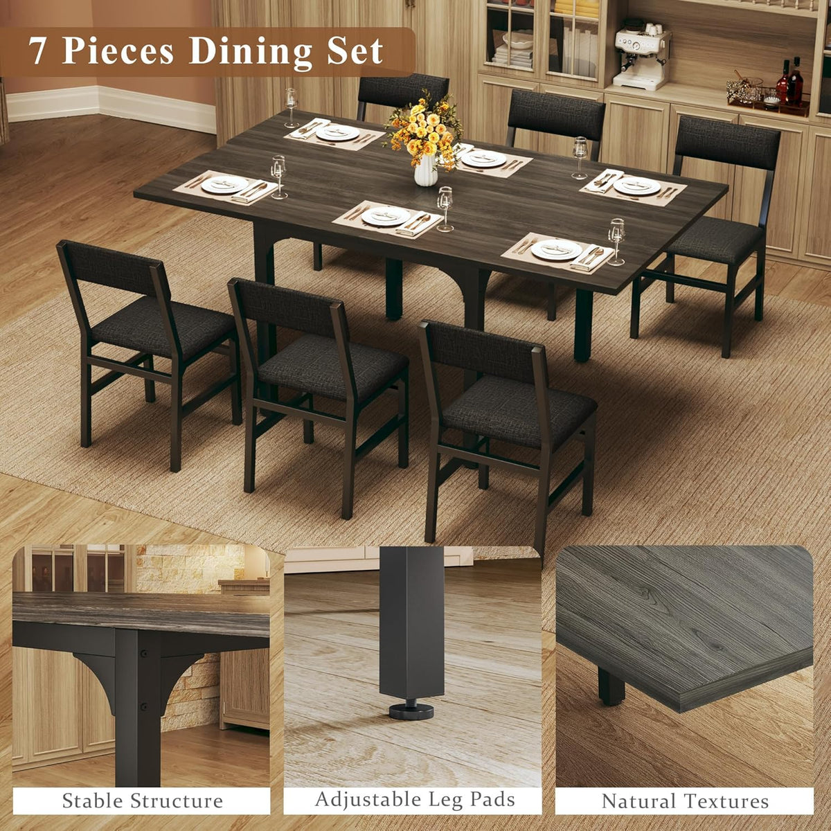 7-Piece Dining Table Set for 4-6, Extendable Kitchen Table Cushion Chairs Set of 6 with 6 Chairs, Rectangle Dining Table with Metal Frame & MDF Board, Folding for Small Apartment Saving Space,Grey Oak