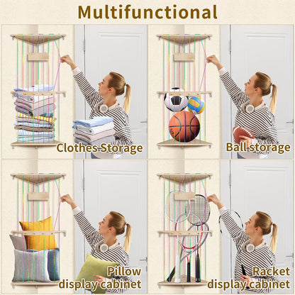 Corner Stuffed Animal Storage Toy Storage Organizer Stuffed Zoo Storage Wood Stuffed Toy Holder DIY Storage W/Star Pattern Hook Colorful Light Adjustable Double Layer Toys Storage for Nursery Bedroom