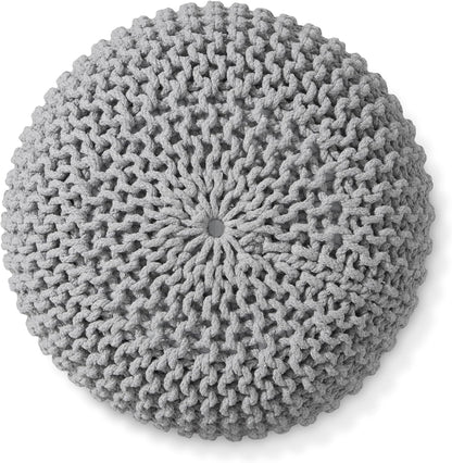 Casafield Round Pouf Ottoman, Light Gray - 20" Diameter x 14.5" High Cotton Knit Foot Stool - Boho Floor Pouffe for Living Room, Bedroom, Home Office