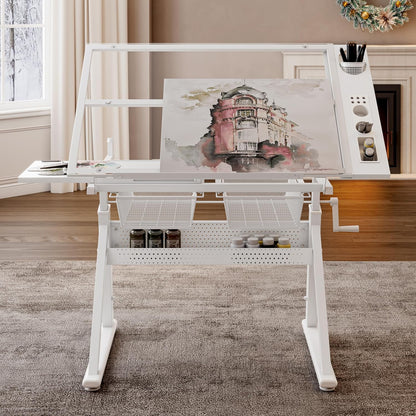 Drafting Table w/Art Stool, Hand Crank Height Adjustable Drawing Desk for Adults with Tilting Glass Top (0-70°), 2 Storage Drawers, Artist Table for Painting & Sketching(White)