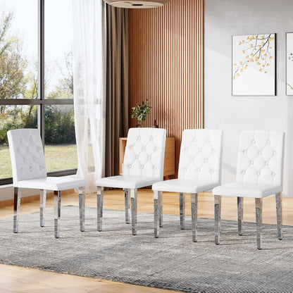 White Dining Chairs Set of 4,Faux Leather with Chrome Plate Metal Legs,Armless Kitchen Room Chairs Set of 4,Max Load 300 Lbs,High Back Modern Design for Home Kitchen Living Room Bedroom