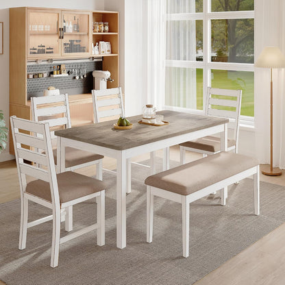 59" Dining Table Set Farmhouse Rectangular White Kitchen Room Table & Chairs Set Solid Wood Stable Space Saving Easy Clean (1 Bench& 4 Chairs)