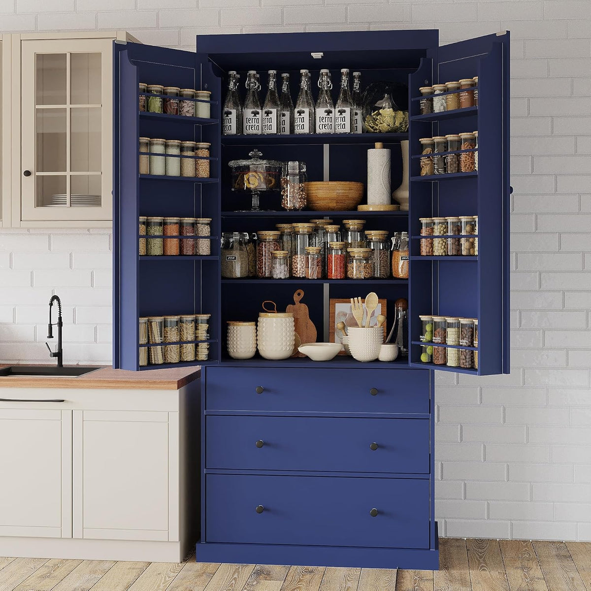 Pantry with 8 Door Shelves and 3 Drawers, 77inch Farmhouse Freestanding Tall Cupboard Storage Cabinet with 3 Adjustable Shelves for Kitchen Room (Blue)