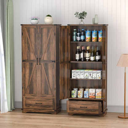 71" Farmhouse Kitchen Pantry Storage Cabinet with Drawer & 2 Barn Doors, Freestanding Cupboard with Adjustable Shelves, Modern Floor Cabinet for Kitchen, Dining Room, Living Room, Bathroom, Brown