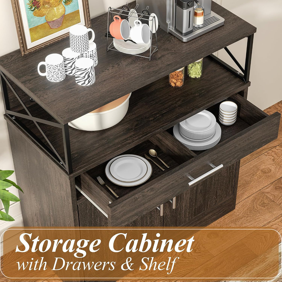 Shintenchi Kitchen Storage Cabinet with Adjustable Shelves and Drawers, Modern Buffet Sideboard, Wood Buffet Cabinet with Doors, Floor Cabinet Cupboard for Coffee Bar Living Room, Dark Brown