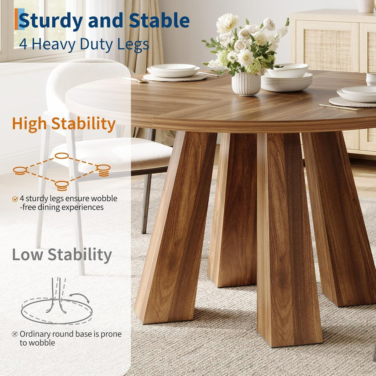 IDEALHOUSE 47" Round Dining Table for 4-6, Wood Kitchen Table with Sturdy Base, Farmhouse Circle Dinner Table for Dining Room, Living Room, 4 Strong Legs, Walnut