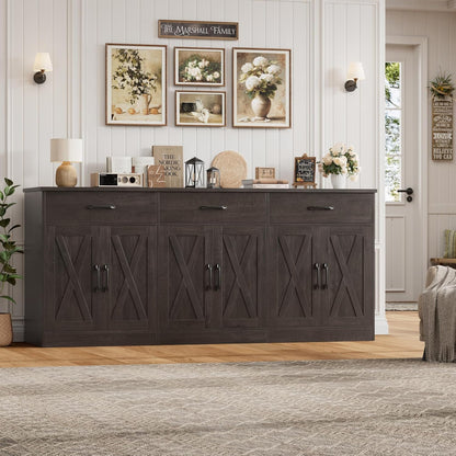 HOSTACK 71"W Farmhouse Kitchen Sideboard Buffet Cabinet with Storage, Brown