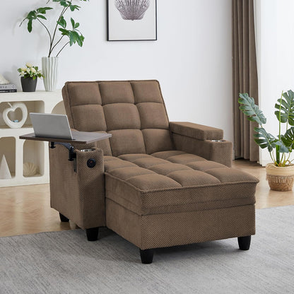 hansones 41.7" Oversized Chaise Lounge Chair Indoor, 3-in-1 Convertible Sleeper Lounger with Adjustable Backrest, Deep Seat Reading Chair with Armrest Storage, Swivel Table & Cup Holders