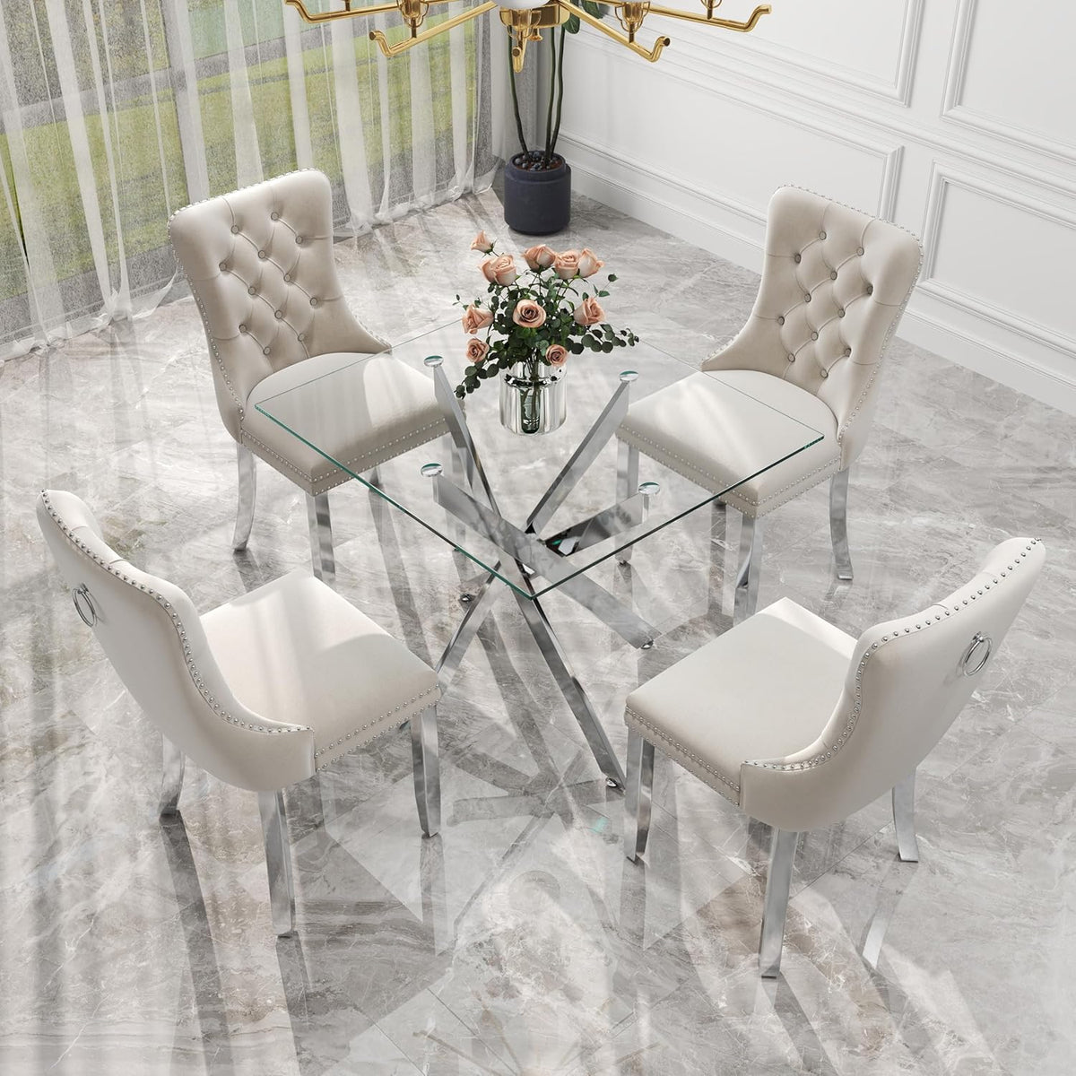 5 Pieces Silver Glass Dining Table Set, Modern Luxury Square Kitchen Table Set for 4, 36'' Clear Minimalist Glass Top Dinner Set, Beige High-end Tufted Chairs, for Small Place Living Room