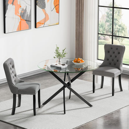 Modern Glass Dining Table Round Dining Room Table with Tempered Glass Top, Black Metal Legs Circle Kitchen Dining Room Table Home Furniture, 36" D x 36" W x 30" H