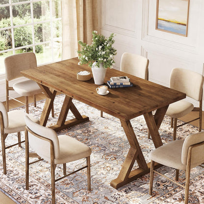 Solid Wood Dining Table for 4-6 People, 63 Inches Wooden Farmhouse Rectangular Kitchen Dinner Table with Heavy-Duty Legs for Home, Living Room, Dining Room, Rustic Brown