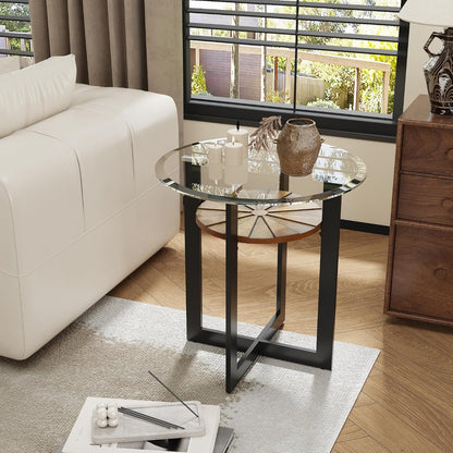 Set of 3 Living Room Tables Set -One Coffee Table and Two End Tables with Tempered Glass, 47.8" Center Table and 23.8" Beside Table with Wood Storage Shelf and Metal Leg, Brown Shelf & Black Leg B2616