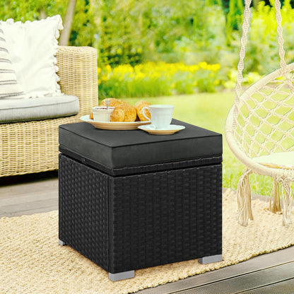 Yaheetech Wicker Ottomans, Set of 2 PE Rattan Side Tables, Black/Gray | Outdoor/Indoor Footstools with Hidden Storage & Removable Cushion, Additional Seating for Patio/Garden/Balcony/Yard