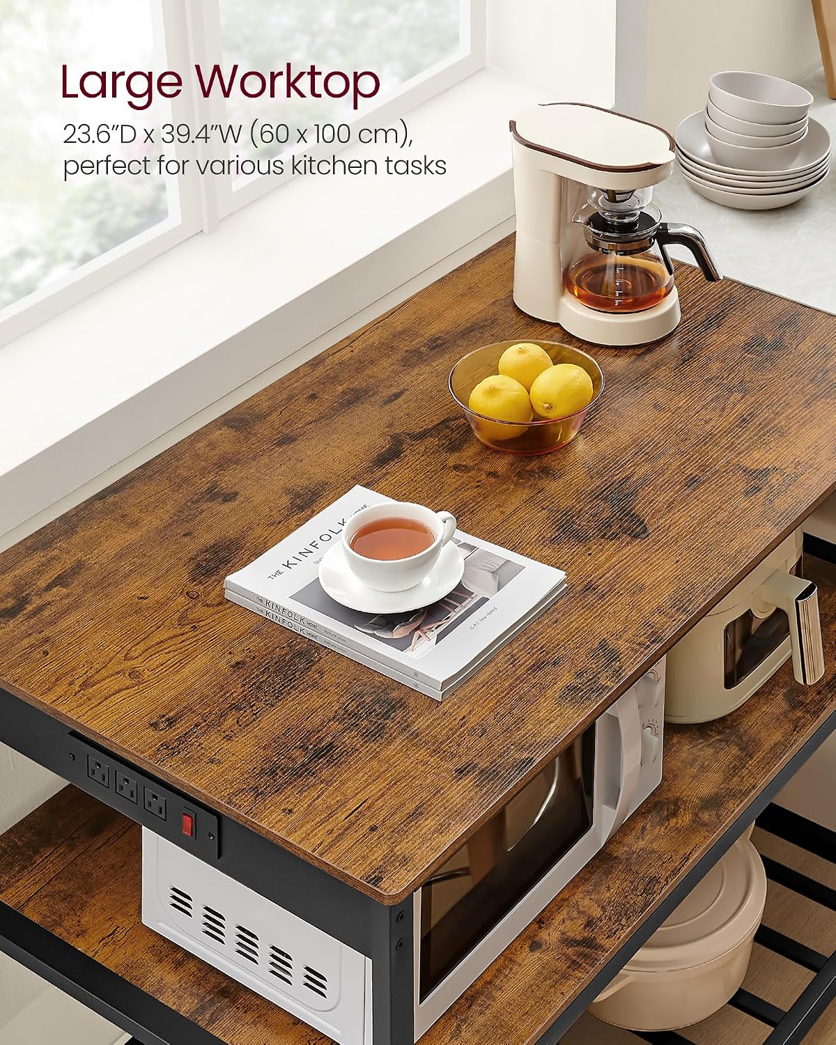 VASAGLE Kitchen Island with 3 Shelves, Storage Cabinet, Steel Structure | Kitchen Shelf with Large Wooden Worktop, 39.4 Inches Width, Rustic Brown and Matte Black, BARNET Collection UKKI105K01