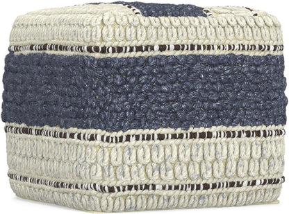 SIMPLIHOME Grady 18" Wide Square Pouf in Blue/Natural Wool and Cotton | Contemporary footstool, extra seating for living room with polystyrene bead filling, assembled; floor cushion or accent seat.