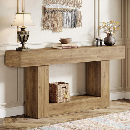 Tribesigns 63" Console Table, Farmhouse 2-Tier Entryway Table with U-Shaped Base, Narrow Long Wood Sofa Table Behind Couch Table for Living Room, Hallway, Foyer, Light Brown