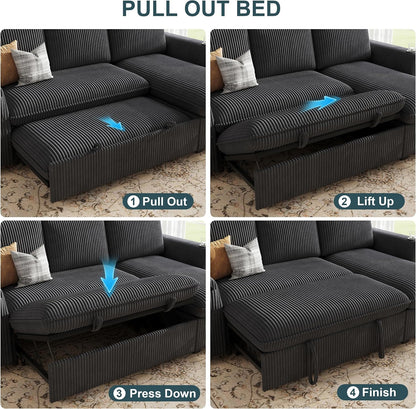 Sectional Sleeper Sofa with Pull Out Bed, Plush Corduroy 7 Seat Modular Sectional Sofa with Storage Chaise and Adjustable Backrest, Cloud Couches for Living Room, Apartment, Dark Grey