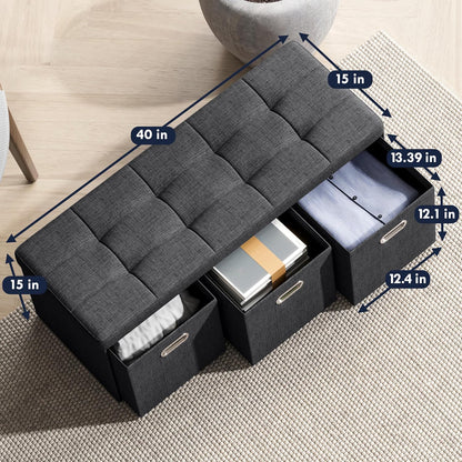 Ornavo Home 40 Inch Storage Ottoman with 3 Drawers, Tufted Linen, Black | Foldable Large Bench Design; Foot Rest Stool Seat; Ideal for Living Room, Bedroom or Entryway