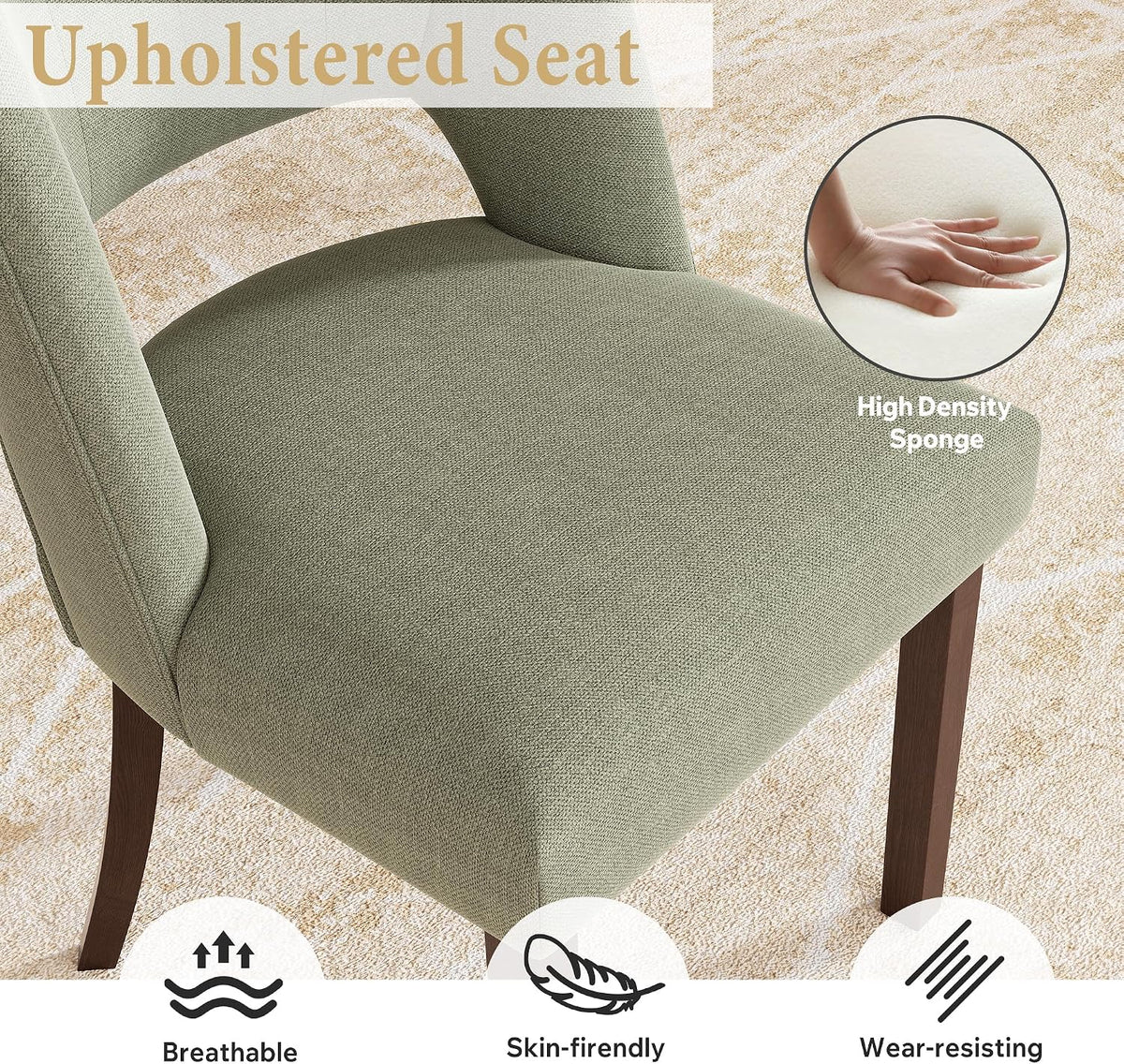 Dining Chairs Set of 6,Modern Dining Room Chairs with Thick Cushions,Linen Upholstered Kitchen Dining Chairs with Wood Legs for Kitchen Dining Room Living Room,Green