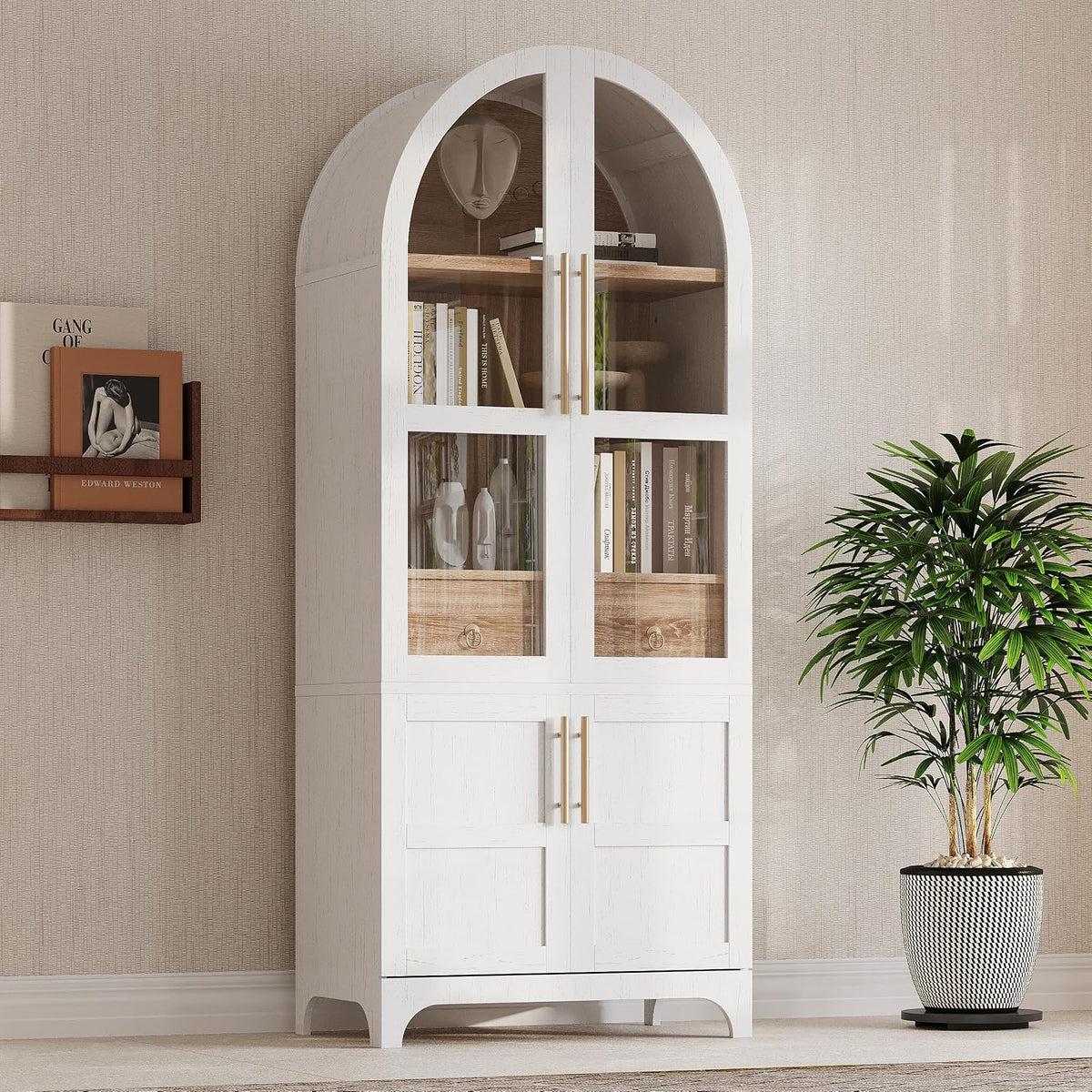 roomfitters 71" Pantry Cabinet with Arched Top & Glass Doors, 4-Door Storage Hutch with Adjustable Shelves for Kitchen, White